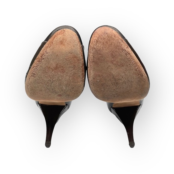 BCBG MaxAzria Shiny Patent Leather + Satin Pumps Carved Heel Cocoa 8.5M - Picture 12 of 17